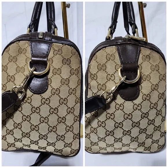 Authentic Gucci GG Canvas Leather Medium Vintage Web Boston Satchel Bag Brown/Be - Picture 10 of 16